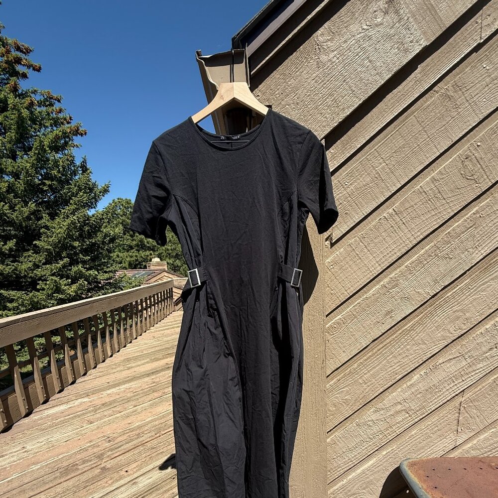 NWOT Zara Combination Buckle-Waist Black Midi Dress - Picture 5 of 13